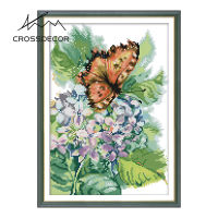 Crossdecor Cross Stitch ชุดวัสดุดอกไม้ Series Stamped Pre-พิมพ์รูปแบบ14CT 11CT ทำด้วยมือเย็บปักถักร้อย DIY เย็บปักถักร้อยตกแต่งบ้านจอแสดงผล Sala-ไฮเดรนเยียและผีเสื้อ