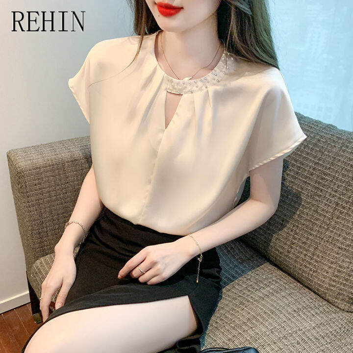 rehin-เสื้อเชิ๊ตผู้หญิงผ้าชีฟองแบบสวมหัว-เสื้อเชิ๊ตผู้หญิงผ้าชีฟองคอกลมสีทึบแฟชั่นใหม่ฤดูร้อน