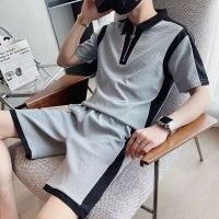 【hot seller】 short-sleeved t-shirt suit mens 2023 new contrast ruffian handsome Polo with a set of