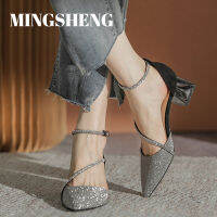 MINGSHENG Block Heels Women S New Pointed Toe Slotted Buckle Rhinestones With Skirt Mid-Heel Single Shoes