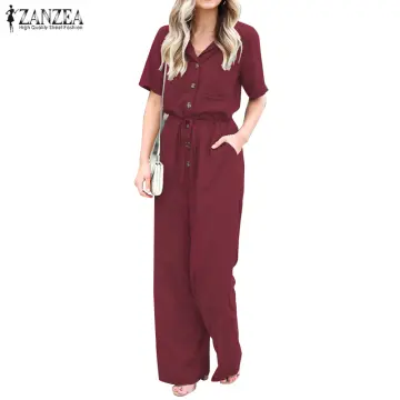 3 Days Delivery】ZANZEA Womens Summer Short Sleeve Cargo Jumpsuit Button  Down Plain Tunic Overalls