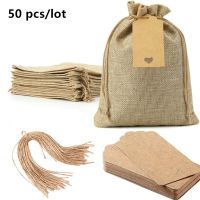 50 Pcs Wedding Small Jute Bags with Paper Tags Christmas New Year Party Gift Thank You Drawstring Pouches Jewelry Package Sacks Gift Wrapping  Bags