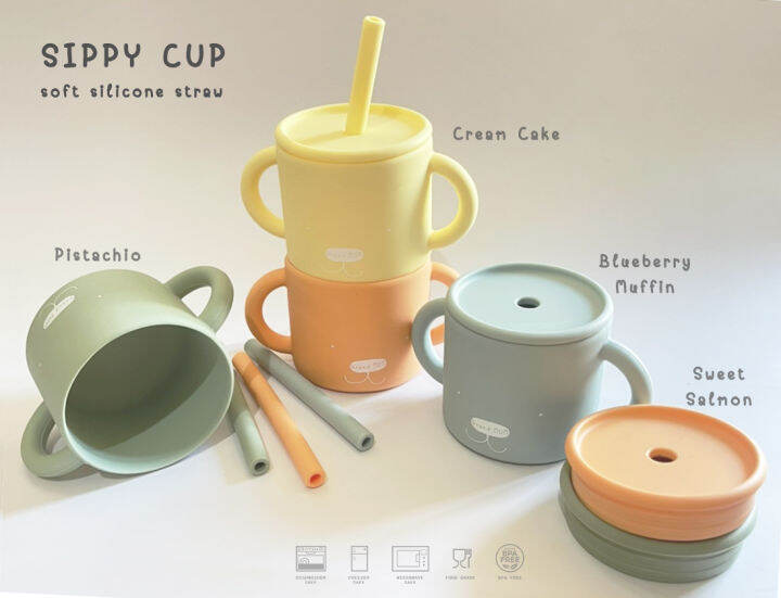 แก้วซิลิโคนหูจับสำหรับเด็ก-silicone-sippy-cup-food-grade-drinking-straw-cup-grand-mom-แกรนด์มัม