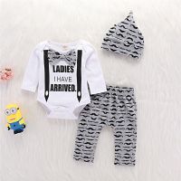 Newborn Baby Boys Long Sleeve Bowknot Romper Tops Pants Hat 3pcs Fashion Outfit