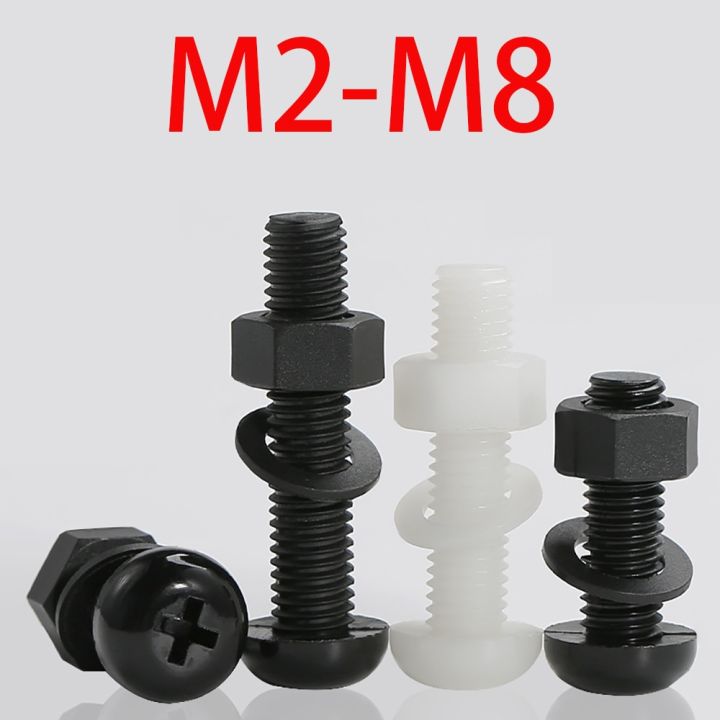 white-black-nylon-round-pan-head-phillips-screw-nut-washer-set-m2-m2-5-m3-m4-m5-m6-m8-plastic-cross-screw-washer-nut-combination-nails-screws-fastener