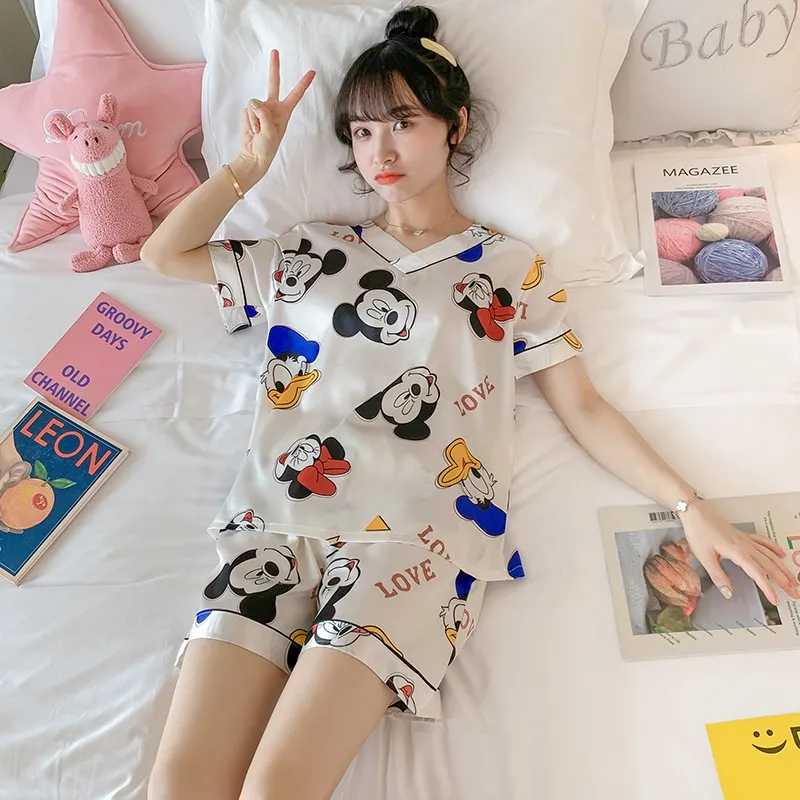 M-5XL Female Comfy Silk Women's Pyjamas Short Sleeve V-neck Cartoon  Sleepwear Pajamas for Women Baju Tidur