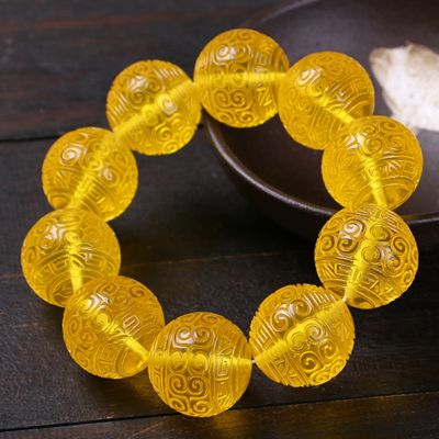 top ■☃❀ Russian Yellow Beeswax Yellow Amber Gold Amber Bracelet Round Beads Carved Back Pattern Heart Scripture Hand String Heart Sutra Loose Bead Accessories ZZ