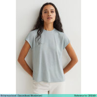 USED H&amp;M - Glittery Light Blue Cap Sleeve Top | เสื้อแขนสั้นสีฟ้า เสื้อกลิตเตอร์ คอกลม ทรงใหญ่ ทำงาน สีพื้น สายฝอ แท้ มือสอง