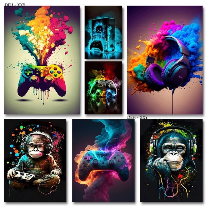 gamer-gift-หูฟังสำหรับเล่นเกมและ-ps-controller-ภาพวาดผ้าใบลิง-wall-art-โปสเตอร์และรูปภาพสำหรับ-kawaii-room-decor