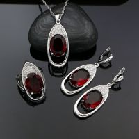 HotSilver 925เครื่องประดับเจ้าสาวสีแดง Cubic Zirconia ชุดเครื่องประดับต่างหูงานแต่งงานจี้แหวนสร้อยคอ Set