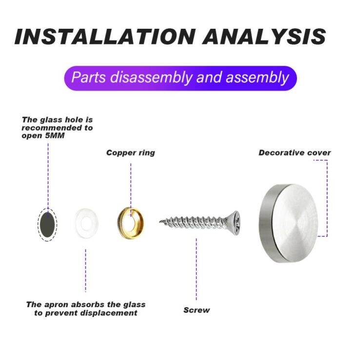 djrgs-8ชิ้น-เซ็ตกระจกสำหรับตกแต่งสแตนเลสฝาเกลียวยืนปิดสลักเกลียวเล็บสกรูครอบคลุมปะเก็นทองแดงตกแต่งกระจกรัดโฆษณา