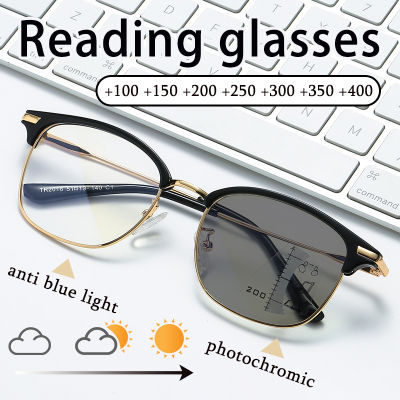 ธุรกิจโลหะ Photochromic แว่นอ่านหนังสือสำหรับผู้ชายไกลและใกล้แบบ Dual-ใช้อัตโนมัติซูมสายตายาวแว่นตาป้องกันแสงสีฟ้าแว่นอ่านหนังสือสำหรับผู้หญิง