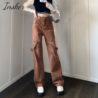 Insker-Women S Autumn High Waist Street Jeans Casual Dark Coffee Straight Pants 105