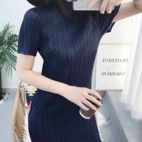 2023 Hot Miyake pleated dress  spring and summer slim and long drape pleated small stand-up collar straight skirt for women