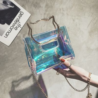 Beach womens bag colorful transparent jelly small bag laser bag hand chain bag shoulder Messenger bag girl student trend 【MAY】