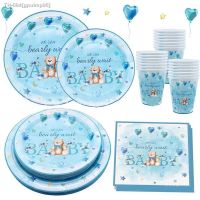 ஐ▣ 8 Guests Blue Bear Teddy Disposable Tableware Baby Shower Boy Bear Napkin Plate Cup We Can Bearly Wait Baby Babyshower