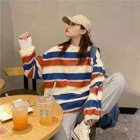 เสื้อแขนยาวผ้า COTTON คอกลม Oversize ลายทาง กันหนาว ผ้าหนา #392