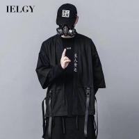 IELGY เสื้อแจ็คเก็ตมีฮู้ดสำหรับผู้ชาย,เสื้อพิมพ์ลายตัวอักษรสไตล์ญี่ปุ่นทรงหลวมแขนยาวปานกลาง