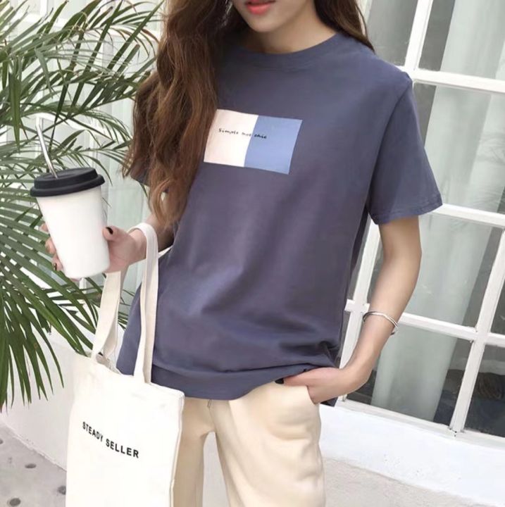 เสื้อยืด-สีพื้น-ขาว-น้ำเงิน-สไตส์เกาหลี-1j6119