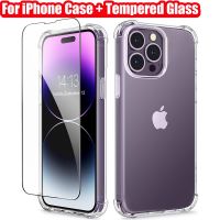 Clear Phone Case For iPhone 14 13 11 12 Pro Max 7 8 Plus XR XS Max Anti-Burst Screen Protector (Transparent Case Tempered Glass)