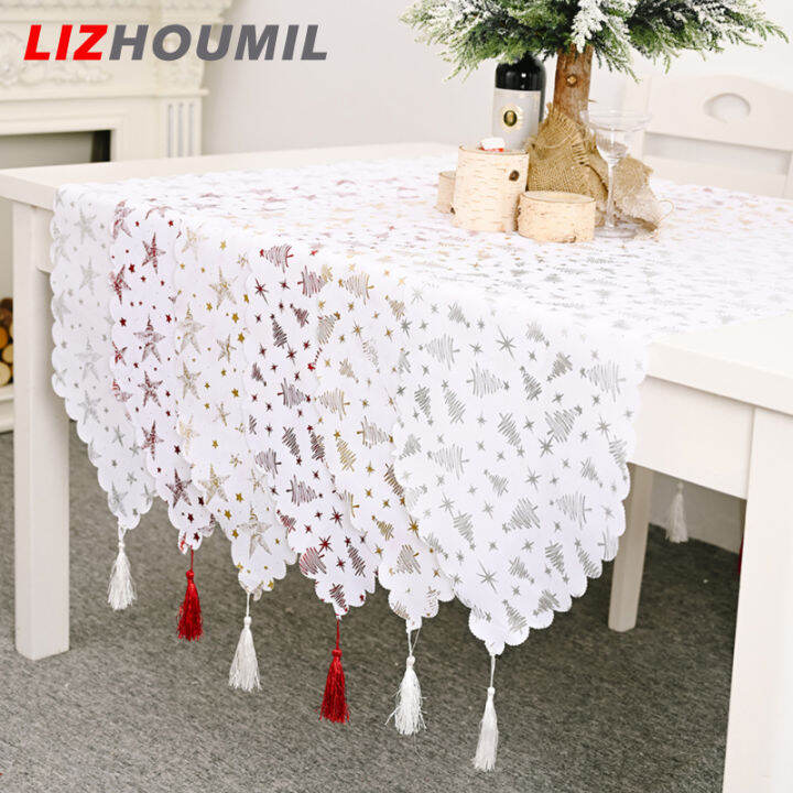 lizhoumil-ผ้าปูโต๊ะสีขาวปั๊มทองสำหรับตกแต่งปาร์ตี้คริสต์มาส