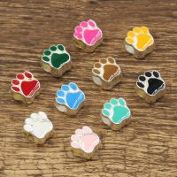 6pcs 11x7x11mm Dog Bear Cat Paw 5mm Big Hole Bead Charm Fits Bright Silver Color Drop Oil Fit European Bracelets Wholesale