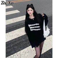 Zhu Xia เสื้อสเวตเตอร์ผู้หญิง,เสื้อสเวตเตอร์สตรีทย้อนยุคสไตล์วินเทจไม่ใส่สบาย