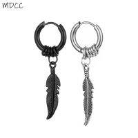 1PCS Unique Feather Pendant Hoop Earrings For Women Men Punk Style 316 Stainless Steel Dangle Drop Earrings Jewelry Gifts