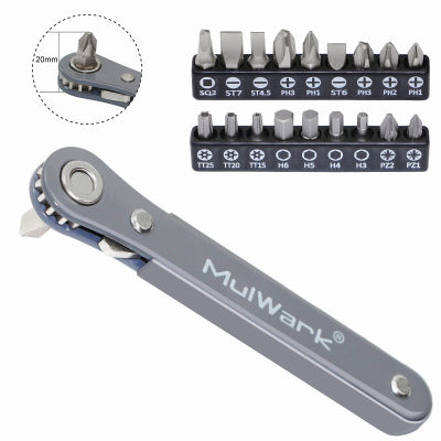 MulWark 20pc 1/4 Ultra Low Profile Mini Ratchet Wrench Close Quarters Screwdriver Set with High Torque - Right Angle EDC Tool with 90 Degree Mini Offset Reversible Drive Handle &amp; Multi Hex Bits Set
