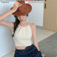 [Toplans]?[HOT SALE]?? Halter คอถัก Cropped TANK Crop Tops กลวง-ออก laced กลับแขนกุด