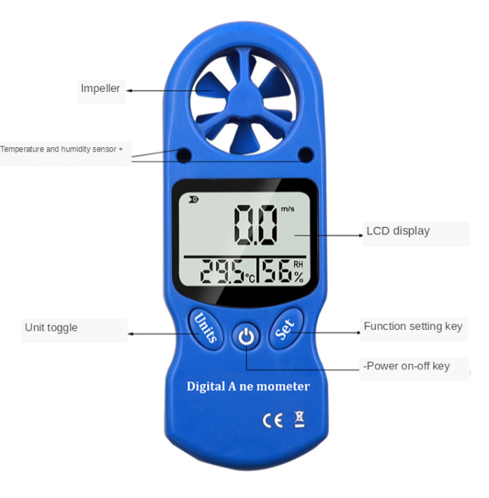 blue-เครื่องวัดความเร็วลมมินิมัลติฟังก์ชั่นดิจิตอลความชื้นและอุณหภูมิเครื่องวัดความเร็วลมเครื่องวัดความเร็วลม