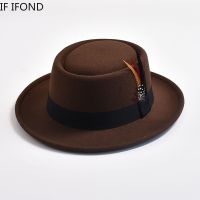 Nuovo Cappello Da Torta Di Maiale Vintage Da Uomo Cappello Fedora In Feltro A Tesa Arrotolata Con Berretto Da Chiesa หมวกสักหลาดแนวแจ๊ส Con Piume Da Gentiluomo