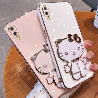 Folding Makeup Mirror Phone Case For Vivo Y91C Y1S 1820 1929  Case Fashion Cartoon Cute Cat Multifunctional Bracket Plating TPU Soft Cover Casing