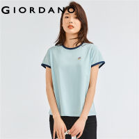 Giordano ผู้หญิง เสื้อยืดแขนสั้นคอกลมผ้าคอตตอนยืดปักลายแบบชนสี Free Shipping 05321407