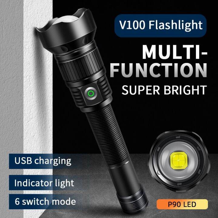 Outdoor LED Rechargeable Tactical Flashlight V100 P90 TypeC Zoomable