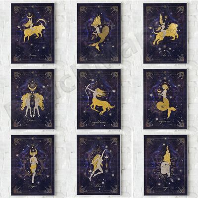 Celestial Zodiac Printing พร้อม Star และ Moon Runes สำหรับตกแต่งผ้าใบคาถา