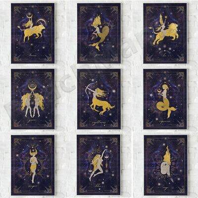 Celestial Zodiac Printing พร้อม Star และ Moon Runes สำหรับตกแต่งผ้าใบคาถา