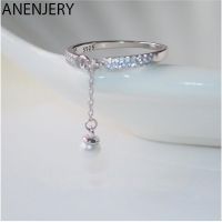 ANENJERY Silver Color AAA Zircon Rings Simulated Pearl Chain Tassel Adjustable Rings For Women Jewelry Wholesale