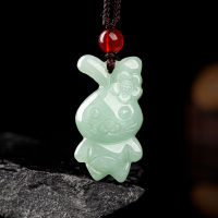 หยกพม่าการ์ตูนจี้กระต่ายน่ารัก Jadeite เครื่องประดับของขวัญผู้หญิง Amulets มรกตธรรมชาติชายสร้อยคอสีเขียวแกะสลักมือ