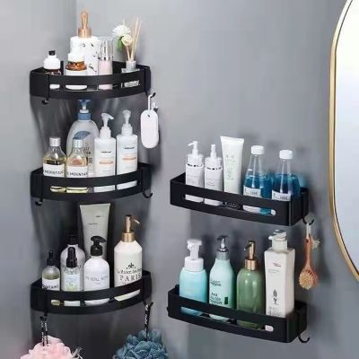 ☈ Bathroom Shelf Organizer Shower Storage Rack Black Corner Shelves Wall Mounted Aluminum Toilet Shampoo Holder No Drill