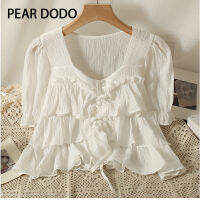 PEAR DODO เสื้อเอวลอยเสื้อแบบมีระบายสั้นคอวีเกาหลีสำหรับ Womanjavascript: