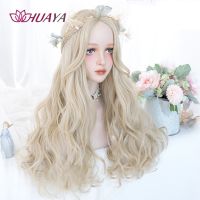 HUAYA Long Wavy  Blonde Wigs Fluffy Curly Wavy Synthetic Hair Wigs for Girl Natural Daily Cosplay Wig with Middle Part Bangs Wig  Hair Extensions Pads