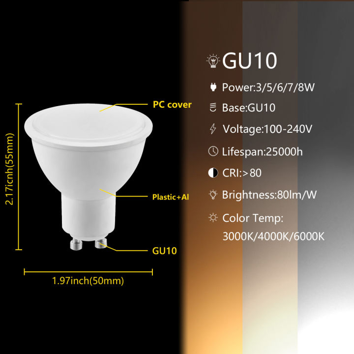 1-10pcs-led-spot-light-gu10-100v-240v-3000k4000k6000k-3w-8w-เปลี่ยน100w-หลอดฮาโลเจนสำหรับห้องครัวสตูดิโอห้องน้ำ