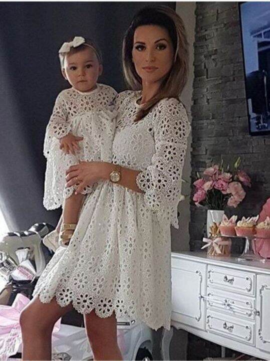 mother-daughter-lace-women-dress-baby-girl-mini-dress-party-clothes-round-neck-34-sleeves-with-ruffles-family-matching-clothes