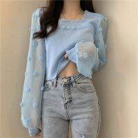 Small Short Square Collar Exposed Clavicle Wavy Edge Sweater For Women 2023 New Chiffon Splicing Spring Small Shirt