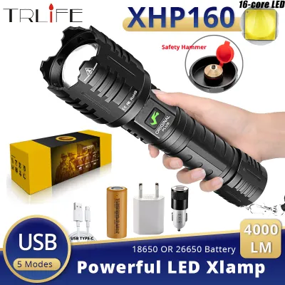 XHP160 16-Core Xlamp LED Flashlight Ultra Bright Portable Aluminum Lantern with Tail Emergency Safety Hammer Tactial Zoom Lamp