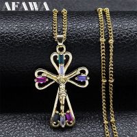 【Ready Stock】⚡? Y2k Crucifix Cross Copper Coloful Zircon Pendant Necklace for Women Girl Stainless Steel Chain Necklaces Catholic Jewelry Gift