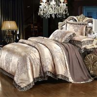 Luxury lace jacquard bedding blue beige silver gold color satin bedding set queen king size 4/6pcs duvet cover bed sheet set 36