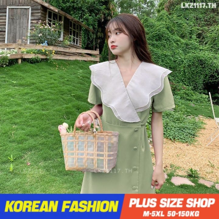 plus-size-เสื้อผ้าสาวอวบ-เดรสสาวอวบอ้วน-ไซส์ใหญ่-ผู้หญิง-ชุดเดรสชีฟอง-ยาว-แขนสั้น-คอปก-ฤดูร้อน-สไตล์เกาหลีแฟชั่น