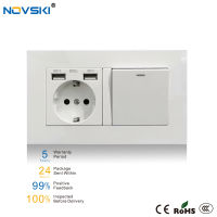 2021NOVSKI USB Wall Socket 2 Frame 1 Gang Electrical Switch PC Panel Socket Grounded, German Bayer Base, 86*146mm, 5 Years Warranty